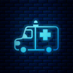 Canvas Print - Glowing neon Ambulance and emergency car icon isolated on brick wall background. Ambulance vehicle medical evacuation. Vector