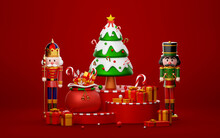 Nutcracker Standing By Christmas Tree And Presents On Podium, 3d Illustration