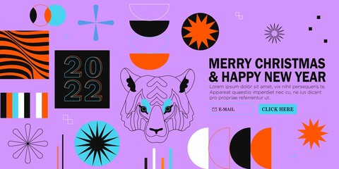 Brutalism art abstract christmas or 2022 new year banner with simple geometric shapes, forms and tiger portrait. Bold form graphic design for web site, greetings cards, posters, prints, backgrounds.