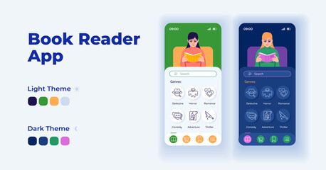 Digital book reader cartoon smartphone interface vector templates set. Mobile app screen page day and dark mode design. Read on smartphone UI for application. Phone display with flat character