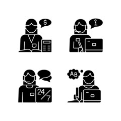 Sticker - Female assistant RGB black glyph icons set on white space. Customer support. Accountant. Receptionist. Employee staff. Company workers team. Silhouette symbols. Vector isolated illustration