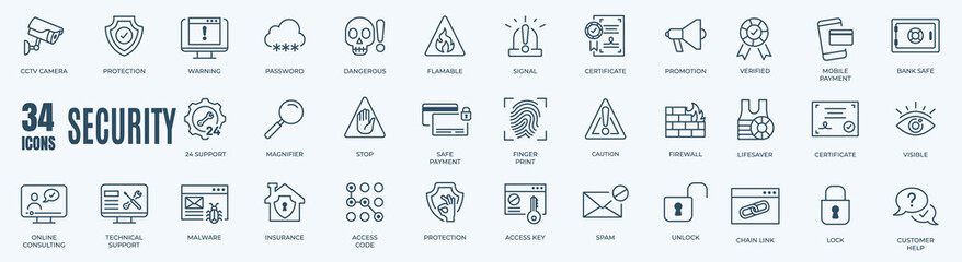 Protection and Digital Security Vector Editable Storke Line Icons Set. Contains such Icons as Finger Print, Business Data Protection Technology, Cyber Security, Computer Network Protection. 