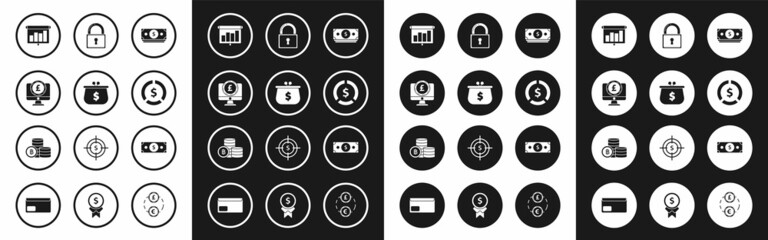 Poster - Set Stacks paper money cash, Presentation financial board graph, schedule, chart, diagram, infographic, pie graph, Coin, Lock, and Cryptocurrency coin Bitcoin icon. Vector