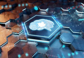 Aufkleber - Brain icon concept engraved on metal hexagonal pedestral background. Artificial intelligence symbol glowing on abstract digital surface. 3d rendering