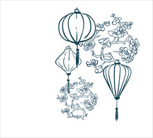 Japanese Vector Sketch Illustration Engraved Chinese Paper Lights Lantern Card Sakura