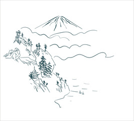 fuji mountains nature landscape view vector sketch illustration japanese chinese oriental line art