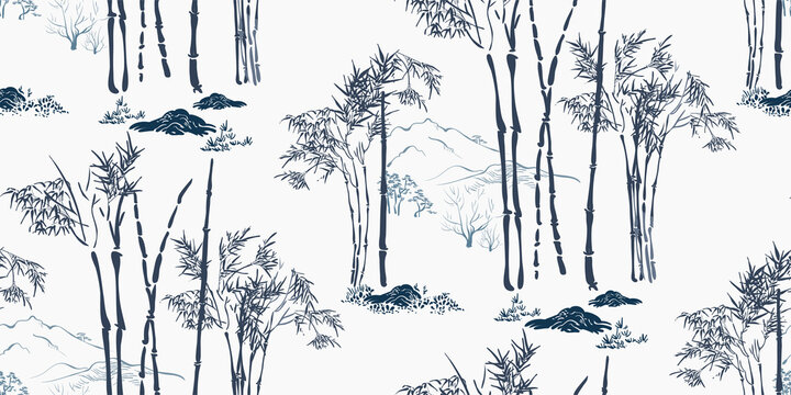 Wall Mural -  - mountain landscape asian chinese japanese engraved vector seamless pattern
