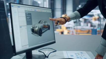 Leinwandbilder - Two Automotive Engineers Discussing Concept Car Blueprints on Desktop Computer in Modern Office at Assembly Plant. Female Industrial Project Manager Talk to Male Designer at Vehicle Factory.