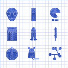 Wall Mural - Set Space shuttle and rockets, Rat, Molecule, Meteorology thermometer measuring, Compass, Calculator, Pie chart infographic and Extraterrestrial alien face icon. Vector