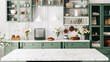 © brizmaker - Countertop with green vintage kitchen furniture in blurred background