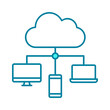 Cloud data synchronization line icon. Back up data concept. Computer, cell phone, laptop and cloud network. Information storage. Database connection services. Vector illustration, flat, clip art  