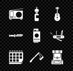 Wall Mural - Set Radio with antenna, Bottle of water, Guitar, Calendar, Wooden axe, Hiking backpack, Camping knife and Passport ticket icon. Vector