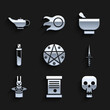 © Oksana - Set Pentagram in a circle, Decree, paper, parchment, scroll, Skull, Dagger, Magician hat and rabbit, Bottle with love potion, mortar pestle and lamp Aladdin icon. Vector