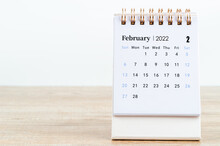 February Calendar 2022 On Wooden Table.