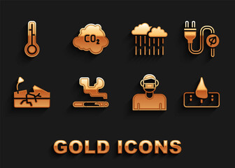 Poster - Set Cigarette, Electric saving plug in leaf, Deforestation, Face protective mask, Earthquake, Cloud with rain, Meteorology thermometer and CO2 emissions cloud icon. Vector