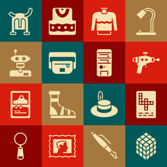 Wall Mural - Set Rubik cube, Crossword, Ray gun, Sweater, Waist bag of banana, Robot, Viking in horned helmet and Computer icon. Vector