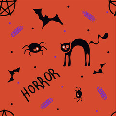 Wall Mural - vector seamless Doodle Halloween pattern Colorful cartoon cliparts, symbols