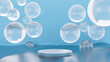 © Nuchjaree - white podium floating on blue water surface and sky, platform with cosmetics, goods and showcase for product, white beauty podium backdrop,3d render of stage on sea, copy space.