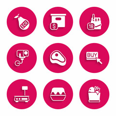 Poster - Set Steak meat, Chicken egg in box, Shopping bag and food, Buy button, Electronic scales, Security camera, Cigarettes pack and Healthy organic pear icon. Vector