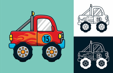 Wall Mural - Monster truck with flame decoration. Vector cartoon illustration in flat icon style