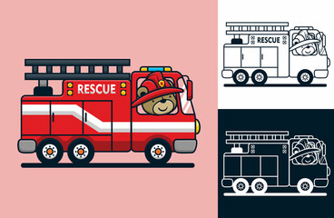 Canvas Print - Funny bear wearing fireman helmet on fire engine. Vector cartoon illustration in flat icon style