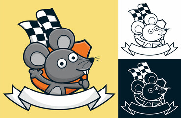 Wall Mural - Funny mouse cartoon holding finish flag with ribbon logo decoration.