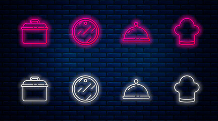 Sticker - Set line Cutting board, Covered with tray of food, Cooking pot and Chef hat. Glowing neon icon on brick wall. Vector