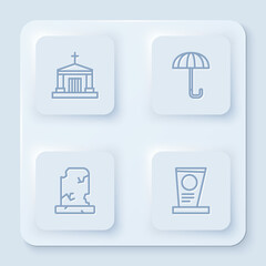 Sticker - Set line Old crypt, Umbrella, grave with tombstone and Grave. White square button. Vector