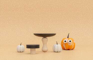Poster - Autumn scene with product stand and pumpkins. Halloween concept. 3d rendering background.