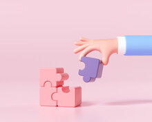 Cartoon Hands Connecting Jigsaw Puzzle. Symbol Of Teamwork, Cooperation, Partnership, Problem-solving, Business Concept. 3d Render Illustration