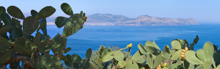 Panoramic view of the gulf of Palermo from Monte Catalfano park in Sicily