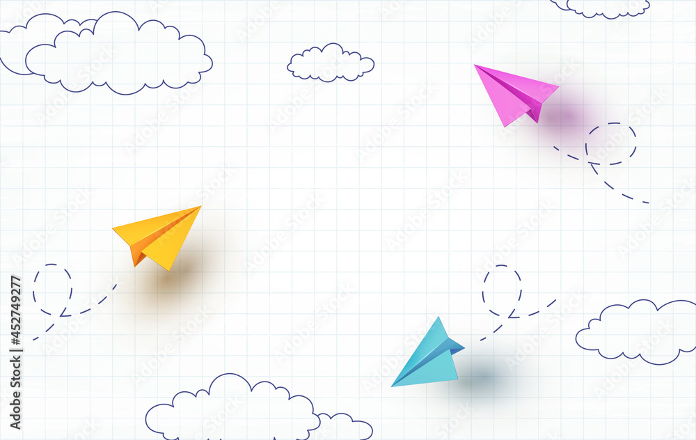 School notebook background. 3d flying color paper airplanes. Vector ...