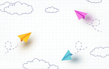 School notebook background. 3d flying color paper airplanes. Vector cartoon children planes in air