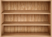 Realistic Bookshelf Mockup Template. Vintage Wooden Shelves For Library And School Interior Design. Empty Bookshelf Made Of Wooden Boards.
