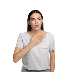 Canvas Print - Young woman suffering from breathing problem on white background