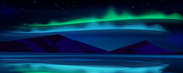 night landscape with aurora borealis in sky, lake and mountains on horizon. vector cartoon illustrat