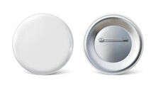 Pin Badge Mockup. White Round Badge On Metal Pin Realictic Vector Illustration