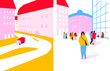 Urban landscapes for building, people and street. Cartoon flat vector banner, poster. Vector of social media stories design templates, background for copy space for text. People in the big city.