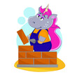 Cartoon unicorn construction worker building a wall