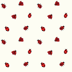 All over seamless vector repeat pattern with tossed red ladybugs on ivory cream backround. Sophisticated feel with breathing space