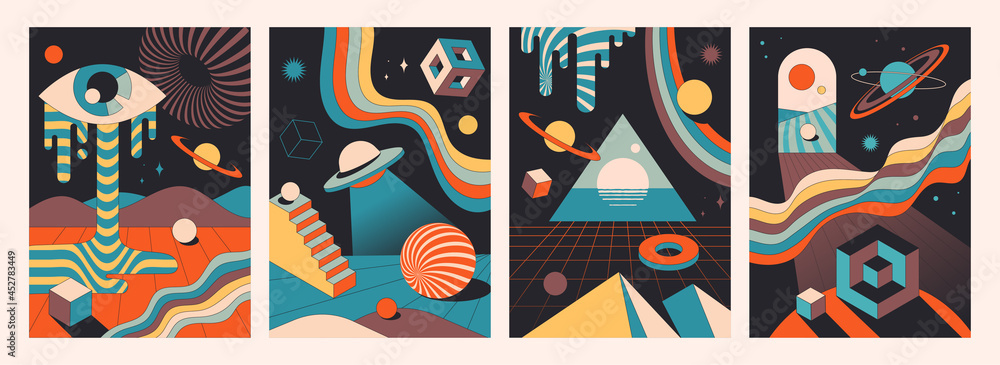 Set of colorful abstract psychedelic space compositions. Vintage colors of geometric shapes as a template banner for wall art or other creative use. Flat cartoon vector illustration - obrazy, fototapety, plakaty 
