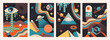 © Rudzhan - Set of colorful abstract psychedelic space compositions. Vintage colors of geometric shapes as a template banner for wall art or other creative use. Flat cartoon vector illustration