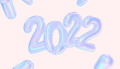 Wall Mural - 3d new year 2022 geometric abstract banner, holographic gradient effect numeral 2022 futuristic illu