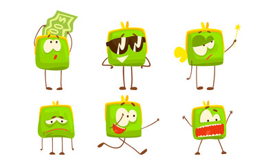 Wall Mural - Green Purse with Funny Faces Set, Funny Pouch Emojis Cartoon Vector Illustration