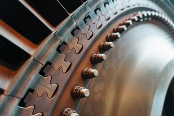 The blades of the gas turbine engine on the rotor disk.