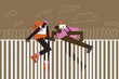 Mother and son refugees’ migrants trying to leap over the wall and barbed wire. Migrant drama illustration.
