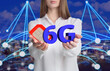© New Africa - Woman demonstrating 6G SIM card model and cityscape with connection lines on background, closeup
