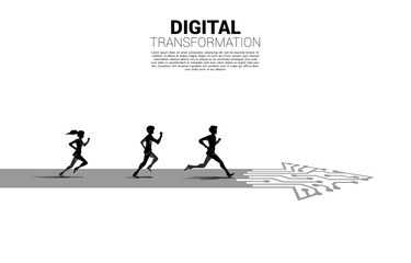 Wall Mural - Silhouette of Businessman and businesswoman running on the arrow path with dot connect line circuit. concept of digital transformation of business.