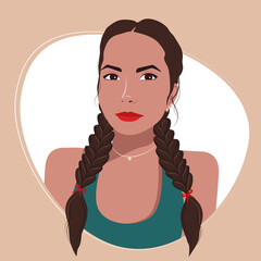 Vector portrait of a girl. Beautiful woman with brown hair. Girl With her hair in braids. Girl in a blue T-shirt on a beige background. Avatar for social networks. Illustration is drawn in flat style