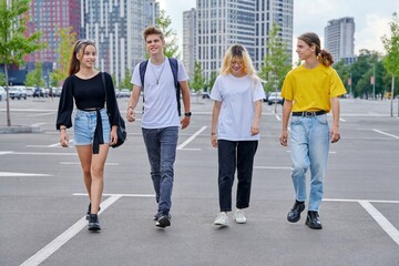 Sticker - Group of teenagers walking together, urban style, modern city background